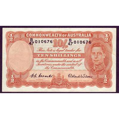 1952 Australia R. 15 Ten Shillings King George VI Coombs/ Wilson Australian Predecimal Banknote