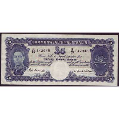 1952 Australia R. 48 Five Pounds King George VI Coombs/Wilson Australian Predecimal Banknote