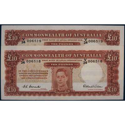 1952 Australia R. 61L Ten Pounds King George VI Coombs/Wilson Consecutive Pair Australian Predecimal Banknote
