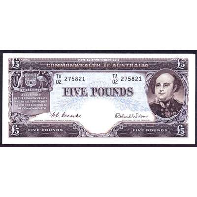 1954 Australia R. 49 Five Pounds Queen Elizabeth II Coombs/ Wilson Australian Predecimal Banknote