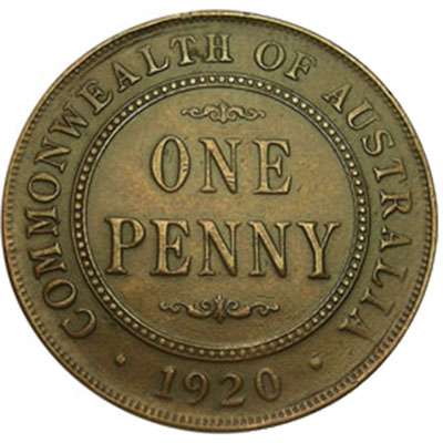 1920 Plain Australia King George V Penny Copper Coin