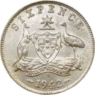 1942 D Australia King George VI Sixpence Silver Coin