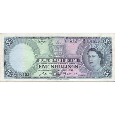1957 Fiji - Five Shillings - Queen Elizabeth II about Uncirculated