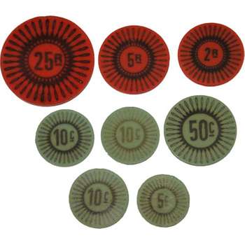 1968 Keeling Cocos Islands Collection of green and red plastic tokens - five, ten (3) and fifty cents, two, five and twenty five rupees