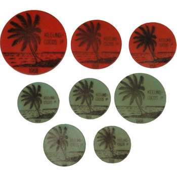 1968 Keeling Cocos Islands Collection of green and red plastic tokens - five, ten (3) and fifty cents, two, five and twenty five rupees