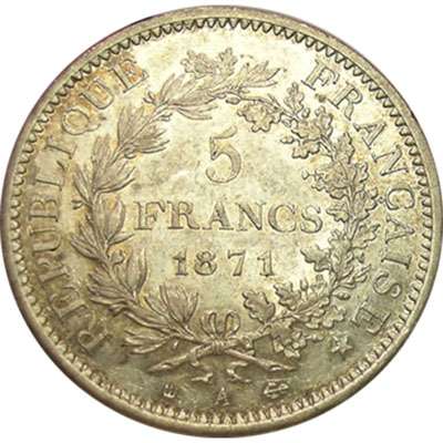 1871 A France 5 Francs With Trident Silver Coin