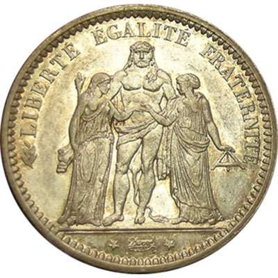 1871 A France 5 Franc Silver Coin