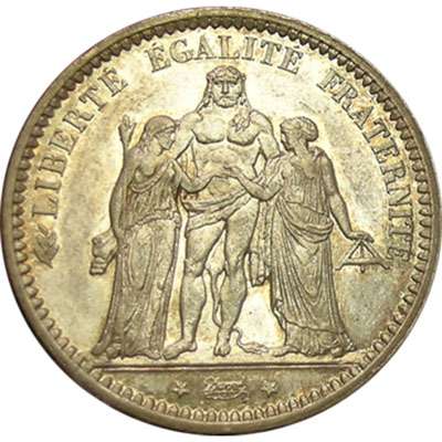 1871 A France 5 Francs With Trident Silver Coin