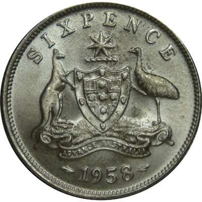 1958 Australia Queen Elizabeth II Sixpence Silver Coin