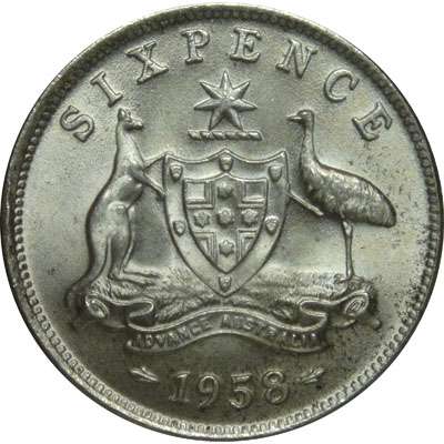 1958 Australia Queen Elizabeth II Sixpence Silver Coin