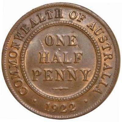 1922 Australia King George V Half Penny Copper Coin
