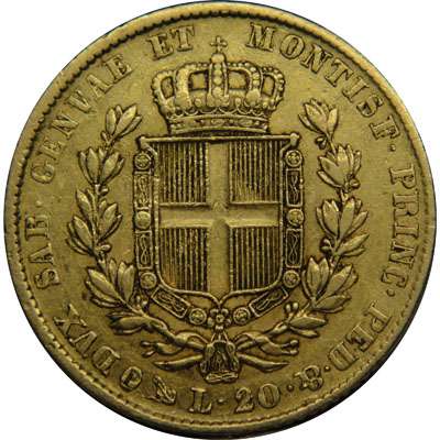 1849 P Italian States Sardinia Carlo Alberto 20 Lire Gold Coin