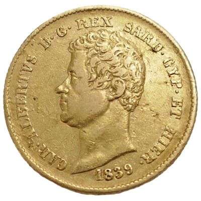 1839 P Italian States Sardinia Carlo Alberto 20 Lire Gold Coin