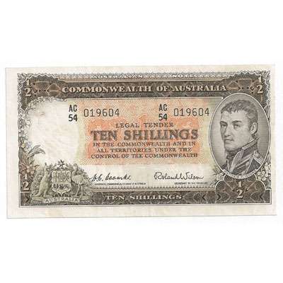 1954 Australia R. 16 Ten Shillings Queen Elizabeth II Coombs/ Wilson Australian Predecimal Banknote