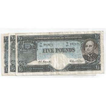 1954-1966 Australia Nice Hand Selected Queen Elizabeth II Last Issue Five Pounds Australian Predecimal Banknote