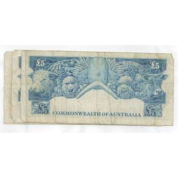 1954-1966 Australia Last Issue Five Pounds Queen Elizabeth II Coombs/Wilson Australian Predecimal Banknote