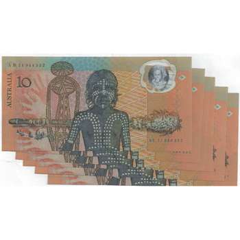 1988 Australia R. 310a Ten Dollars Bicentenary Polymer Commemorative Consecutive Run of 6 Notes