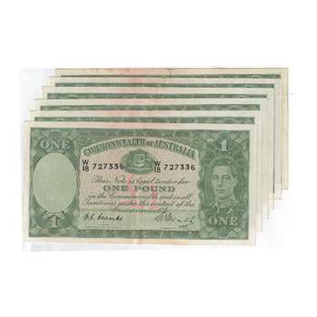 1948 Australia R. 31 One Pound Coombs/Watt Consecutive run of 6 Australian Predecimal Banknote