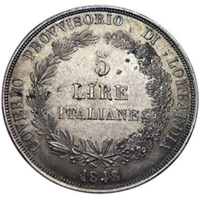 1848 Italy Lombardy 5 Lire Silver Coin