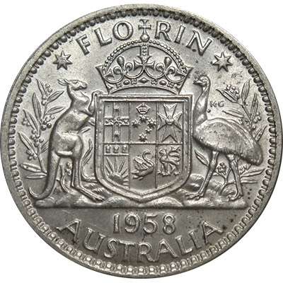 1958 Australia Queen Elizabeth II Florin Silver Coin