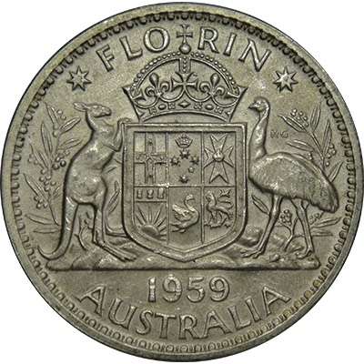 1959 Australia Queen Elizabeth II Florin Silver Coin