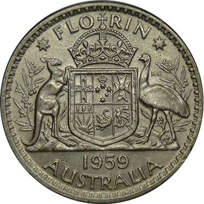 1959 Australia Queen Elizabeth II Florin Silver Coin