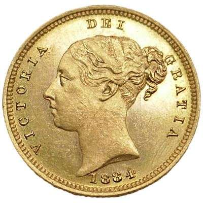 1884 M Australia Queen Victoria Young Head Shield Half Sovereign Gold Coin