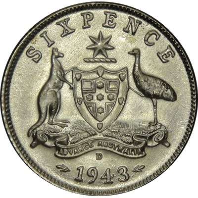 1943 D Australia Sixpence King George VI Silver Coin