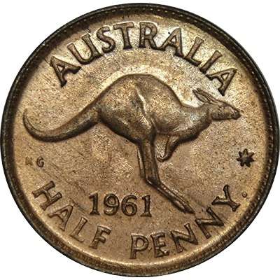 1961 Y. Australia Queen Elizabeth II Half Penny Copper Coin