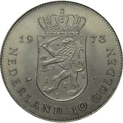 1973 Netherlands Queen Juliana 25th Anniversary 10 Gulden Silver Coin