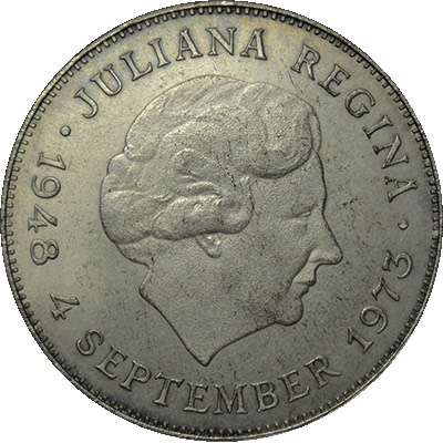 1973 Netherlands Queen Juliana 25th Anniversary 10 Gulden Silver Coin