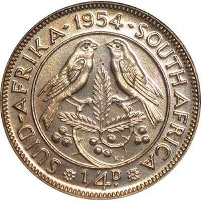1954 South Africa Queen Elizabeth II Proof 1/4 Penny Bronze Coin