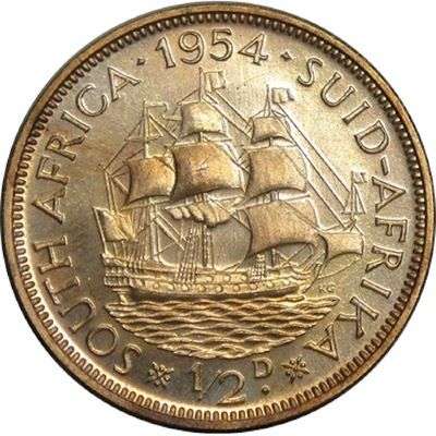 1954 South Africa Queen Elizabeth II Proof Half Penny Bronze Coin