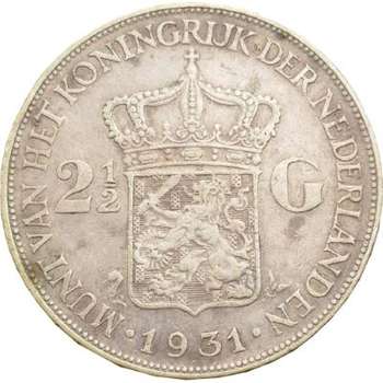 1931 Netherlands Queen Wilhelmina 2 1/2 Gulden Silver Coin