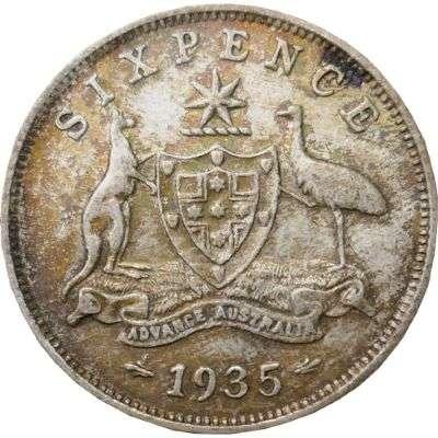 1935 Australia King George V Sixpence Silver Coin