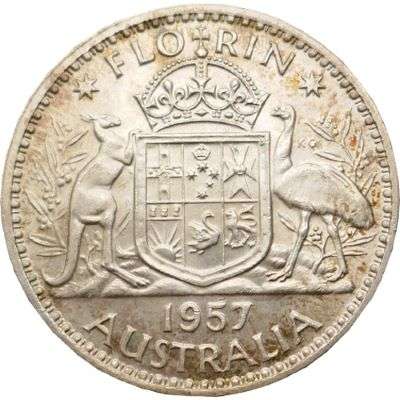 1957 Australia Queen Elizabeth II Florin Silver Coin