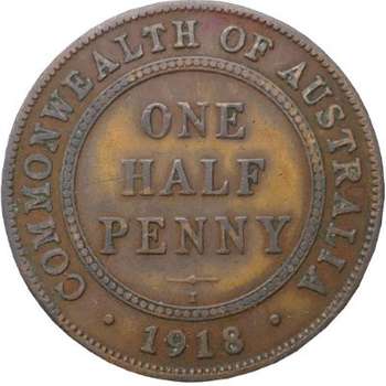 1918 I Australia King George V Half Penny Copper Coin