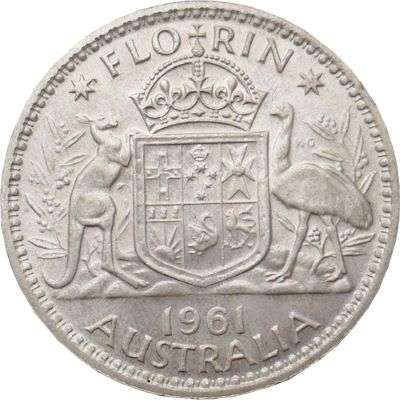 1961 Australia Queen Elizabeth II Florin Silver Coin
