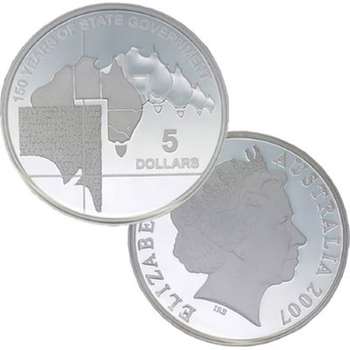 2007 Australia 150 Years of South Australia State Government Five Dollars Silver Proof Coin
