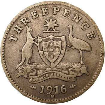 1916 M Australia King George V Threepence Silver Coin