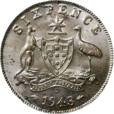 1943 D Australia King George VI Sixpence Silver Coin