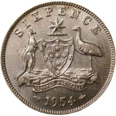 1954 Australia Queen Elizabeth II Sixpence Silver Coin