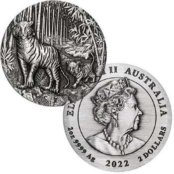 2 oz 2022 Australian Lunar Year of the Tiger Silver Antiqued Coin