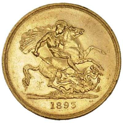 1893 Great Britain Queen Victoria Veil Head Five Pounds Gold Coin