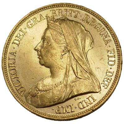 1893 Great Britain Queen Victoria Veil Head Five Pounds Gold Coin