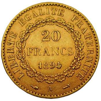 1894 A France Angel 20 Francs Gold Coin