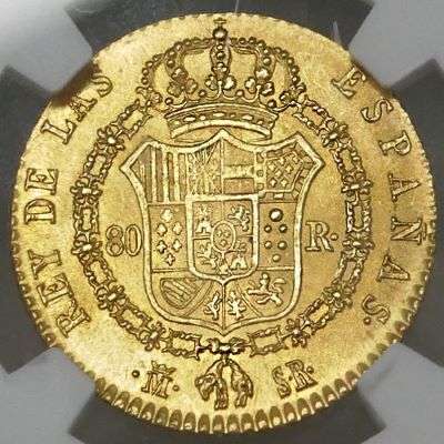 1822 M Spain Ferdinand VII 80 Reales Gold Coin - NGC MS 65