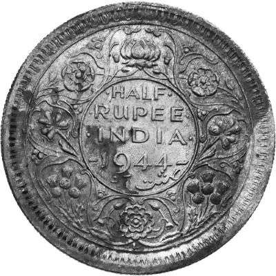 1944 L India George VI Half Rupee Silver Coin