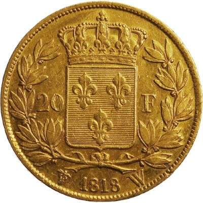 1818 W France Louis XVIII 20 Franc Gold Coin