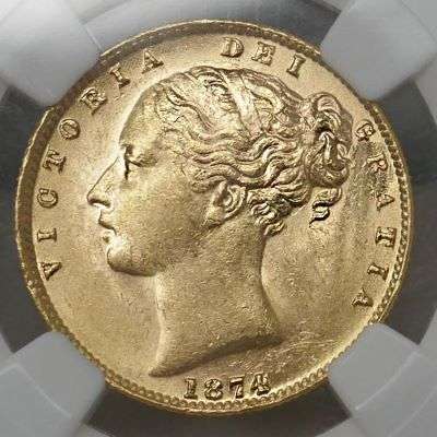 1874 M Australia Victoria Young Head Shield Sovereign Gold Coin- NGC MS 62
